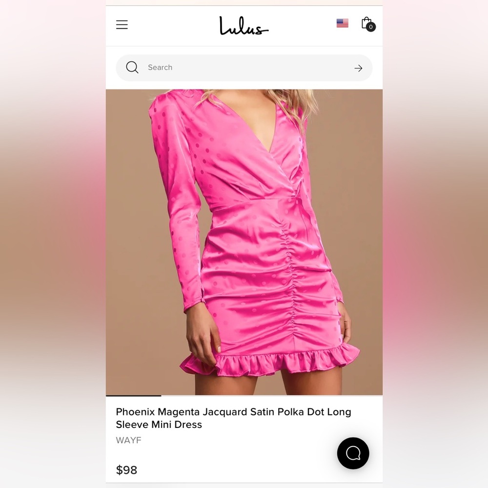 Fuschia Satin long sleeve ruffle dress with pink polka dots.